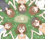  6+girls biribiri circle_formation dolly_(toaru_kagaku_no_railgun) gekota goggles goggles_on_head grasslands highres last_order_(toaru_majutsu_no_index) looking_at_viewer lying misaka_mikoto misaka_worst multiple_girls open_mouth pen_ag school_uniform smile sweater_vest toaru_kagaku_no_railgun toaru_majutsu_no_index tokiwadai_school_uniform 