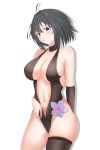  1girl absurdres ahoge alternate_costume arknights bangs bare_shoulders black_choker black_eyes black_hair black_legwear black_leotard blush breasts choker commentary_request cowboy_shot drop_shadow groin highres katyusha_(2327119280) la_pluma_(arknights) large_breasts leotard looking_at_viewer navel parted_lips short_hair simple_background single_thighhigh solo standing stomach thigh-highs thighs white_background 