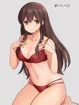  1girl akagi_(kancolle) bangs bra breasts brown_eyes brown_hair closed_mouth eyebrows_visible_through_hair grey_background hair_ornament kantai_collection long_hair medium_breasts panties red_bra red_panties rin_(rin_niji) sidelocks simple_background sitting solo twitter_username underwear 