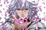  1boy fate/grand_order fate_(series) fingernails grey_hair hair_between_eyes kdm_(ke_dama) long_hair looking_at_viewer male_focus merlin_(fate) parted_lips petals portrait reaching_out smile solo violet_eyes 
