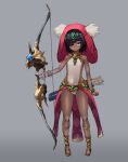  1girl arrow_(projectile) bare_shoulders black_hair blue_eyes bow_(weapon) closed_mouth copyright_request dark-skinned_female dark_skin full_body grey_background hair_over_one_eye highres holding holding_bow_(weapon) holding_weapon hood hood_up leotard looking_at_viewer medium_hair one_eye_covered quiver sandals simple_background smile solo unizou weapon white_leotard 