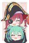  2girls =_= artist_name black_coat black_eyepatch closed_eyes coat double_bun eyebrows eyebrows_visible_through_hair eyepatch green_hair hair_ornament hair_ribbon hat highres hololive hololive_fantasy houshou_marine hug hug_from_behind kukie-nyan multiple_girls open_mouth pirate pirate_hat redhead ribbon skull_hair_ornament twintails twitter_username uruha_rushia 