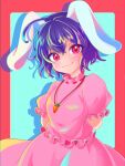  1girl animal_ears arms_behind_back bangs black_hair blue_background breasts carrot_necklace closed_mouth dress eyebrows_visible_through_hair hair_between_eyes highres inaba_tewi looking_at_viewer medium_breasts multicolored multicolored_background oataruu pink_dress puffy_short_sleeves puffy_sleeves rabbit_ears red_background red_eyes shadow short_hair short_sleeves smile solo touhou 