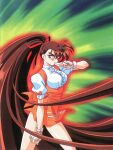  1990s_(style) 1girl absurdly_long_hair anna_miller bangs brown_eyes brown_hair cowboy_shot feet_out_of_frame fingerless_gloves gloves green_background hair_ribbon high_ponytail kimura_takahiro long_hair official_art outer_glow retro_artstyle ribbon scan short_sleeves solo takeuchi_yuka underbust variable_geo very_long_hair waitress 