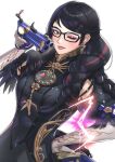  1girl absurdres bangs bayonetta bayonetta_3 black_bodysuit black_hair bodysuit braid breasts commentary_request detached_sleeves dual_wielding elbow_gloves eyeliner eyeshadow glasses gloves gonzarez grey_eyes gun hand_on_hip handgun highres holding lips lipstick long_hair makeup mole mole_under_mouth multicolored_hair one_eye_closed pistol redhead solo streaked_hair swept_bangs tongue tongue_out twin_braids weapon 