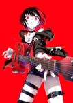  1girl aya_shachou bang_dream! belt black_choker black_hair black_jacket choker colored_skin earrings electric_guitar fingernails foreshortening guitar highres holding holding_instrument hood hooded_jacket hoop_earrings instrument jacket jewelry looking_at_viewer mitake_ran multicolored_hair necklace perspective red_background red_eyes red_theme short_hair simple_background smile solo standing streaked_hair thigh_strap white_skin wide-eyed 