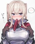  1girl blonde_hair blush breasts brown_gloves capelet eyebrows_visible_through_hair fathom gloves gradient gradient_background graf_zeppelin_(kancolle) hair_between_eyes highres kantai_collection large_breasts long_hair long_sleeves military military_uniform sidelocks solo spoken_blush twintails uniform upper_body violet_eyes 