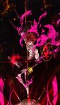  1boy abs absurdres black_background black_bodysuit black_gloves black_pants bodysuit fate/grand_order fate_(series) fire full_body gloves hand_up highres holding holding_weapon karna_(fate) kdm_(ke_dama) looking_at_viewer navel pants red_eyes redhead solo super_karna_(fate) topless_male weapon 