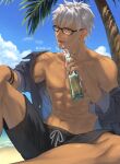  &gt;_o 1boy ;p abs alcohol archer_(fate) black_male_swimwear bottle clouds dark-skinned_male dark_skin day fate/stay_night fate_(series) glasses grey_eyes grey_shirt highres holding holding_bottle looking_at_viewer male_focus male_swimwear mondi_hl navel nipples one_eye_closed open_clothes open_shirt outdoors shirt short_hair sitting sky solo summer toned toned_male tongue tongue_out twitter_username white_hair wristband 