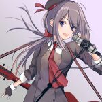  1girl absurdres ariake_(kancolle) bangs black_gloves black_headwear eyebrows_visible_through_hair fingerless_gloves gloves hair_ribbon hat highres holding holding_microphone kantai_collection kepyrtca long_hair low_ponytail microphone one-hour_drawing_challenge open_mouth ponytail purple_background red_neckwear red_ribbon ribbon simple_background solo upper_body violet_eyes 