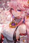  1girl bare_shoulders blurry breasts brooch cherry_blossoms depth_of_field detached_sleeves earrings floppy_ears genshin_impact highres japanese_clothes jewelry kimono large_breasts long_hair looking_at_viewer miko nicccolee parted_lips pink_hair pink_theme sideboob smile solo upper_body violet_eyes wet white_kimono yae_(genshin_impact) 