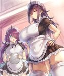  2girls :o ahoge apron bangs blue_eyes blush breasts closed_mouth collar commentary_request dress frills glasses hair_over_one_eye hands_on_hips holding large_breasts long_hair looking_at_viewer maid_apron maid_headdress multiple_girls open_mouth original panties pink_panties pokoten_(pokoten718) purple_hair short_dress short_sleeves standing thigh-highs thigh_strap twintails underwear violet_eyes white_legwear wristband 