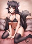  1girl :o animal_ears bad_id bad_twitter_id bare_arms between_legs black_bra black_choker black_hair black_legwear black_panties blush bra bright_pupils brown_eyes choker cozyu ear_clip hair_ornament hairclip hand_between_legs heart_facial_mark highres long_hair looking_at_viewer navel original panties parted_lips signature sitting solo tail thigh-highs underwear wariza white_pupils x_hair_ornament 