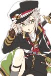  1boy armor bangs cape eyebrows_visible_through_hair green_eyes hair_flaps hat hotarumaru japanese_armor japanese_clothes looking_at_viewer male_focus military military_uniform namori open_mouth shorts shoulder_armor silver_hair simple_background solo touken_ranbu uniform weapon 