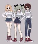  3girls alternate_costume anchovy_(girls_und_panzer) black_ribbon blonde_hair brown_eyes brown_hair casual collared_shirt denim denim_skirt drill_hair full_body girls_und_panzer green_hair grey_background hair_intakes hair_ribbon hands_in_pockets highres jeans kay_(girls_und_panzer) long_hair long_sleeves looking_at_viewer matching_outfit multiple_girls nishizumi_maho pants red_footwear ri_(qrcode) ribbon shirt shoes short_hair simple_background skirt smile sneakers twin_drills twintails white_shirt 