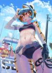  1boy 1girl :o abs absurdres animal_ears arknights bangs belt bikini black_bikini black_gloves blue_headwear blue_sky boat breasts carbon12th clouds cloudy_sky dog_boy dog_ears fishing_rod furry furry_female gloves goggles goggles_on_head green_vest hair_between_eyes highres holding holding_fishing_rod hung_(arknights) long_hair navel open_mouth orange_eyes orange_hair outdoors short_hair single_glove sky small_breasts summer sunglasses swimsuit tail tiger_ears tiger_girl tiger_tail vest waai_fu_(arknights) watercraft wet wet_hair 