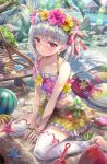  1girl :i ball bangs bare_shoulders beach beach_chair beach_house beachball between_legs bikini blue_flower blush bracelet bucket closed_mouth collarbone commentary_request day earrings eyebrows_visible_through_hair fate/grand_order fate_(series) flower flower_earrings frilled_skirt frills gradient_skirt hair_between_eyes halter_top halterneck hand_between_legs head_wreath hibiscus highres jewelry kama_(fate) kama_(swimsuit_avenger)_(fate) looking_at_viewer miniskirt outdoors palm_tree pleated_skirt pout purple_flower red_eyes rock sand sandals sandals_removed seashell shell short_hair silver_hair sitting skirt solo starfish swimsuit thigh-highs torino_akua tree trowel v_arms wariza water white_flower white_legwear yellow_flower 