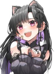  1girl :d animal_ear_fluff animal_ears bandaid bandaid_on_face black_dress black_hair black_sleeves blush cat_ears commentary_request detached_sleeves dress ear_piercing fangs gothic_lolita hands_up heart heart-shaped_pupils jewelry lolita_fashion long_sleeves multicolored_hair open_mouth pepushi_drow piercing puffy_long_sleeves puffy_sleeves purple_hair red_eyes ring sleeveless sleeveless_dress sleeves_past_wrists smile solo symbol-shaped_pupils two-tone_hair upper_body upper_teeth 