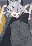 1girl ;d animal_ears arknights bangs black_shirt chunta commentary_request extra_ears fang grey_eyes grey_jacket hair_ornament hair_over_one_eye hairclip highres holding hood hood_down hooded_jacket jacket lappland_(ambience_synesthesia)_(arknights) lappland_(arknights) long_sleeves official_alternate_costume one_eye_closed open_clothes open_jacket open_mouth scar scar_across_eye scar_on_face shirt short_hair silver_hair sketch smile solo tail upper_body wolf_ears wolf_girl