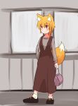  1girl ahoge alternate_costume animal_ear_fluff animal_ears asymmetrical_hair bangs black_footwear blonde_hair brown_dress closed_mouth commentary_request cookie_(touhou) dress expressionless eyebrows_visible_through_hair fox_ears fox_girl fox_tail full_body grey_shirt hair_between_eyes highres holding_purse long_dress looking_afar medium_hair miramikaru_riran one-hour_drawing_challenge plunging_neckline red_eyes shirt shoes sidelocks socks solo standing tail white_legwear yan_pai 