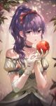  1girl :o absurdres apple asahina_mafuyu bangs bare_shoulders bow choker collarbone commentary_request dress eyebrows_visible_through_hair food fruit hair_bow hands_up highres holding holding_food holding_fruit long_hair looking_at_viewer open_mouth ponytail project_sekai puffy_short_sleeves puffy_sleeves purple_hair red_apple red_bow short_sleeves tokkyu violet_eyes white_bow 