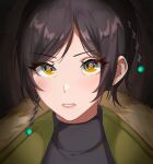  1girl absurdres black_sweater brown_hair commentary commission cozyu english_commentary eye_focus green_jacket harukyi_(vtuber) highres indie_virtual_youtuber jacket looking_at_viewer multicolored multicolored_eyes parted_lips portrait short_hair solo sweater turtleneck turtleneck_sweater yellow_eyes 