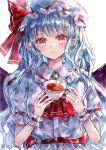 1girl alternate_hair_length alternate_hairstyle ascot bat_wings blush bow cropped_torso cup dress eyebrows_visible_through_hair hair_between_eyes hat highres long_hair mob_cap pink_dress pointy_ears red_bow red_eyes red_neckwear remilia_scarlet slit_pupils solo suzushina teacup touhou twitter_username wings wrist_cuffs 