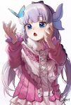  1girl :o absurdres blue_butterfly blue_eyes blush bow bow_hairband bug butterfly cozyu dated grey_hair hair_bow hairband hands_up heart heart_in_eye highres horns kanna_kamui kobayashi-san_chi_no_maidragon long_hair multiple_horns open_mouth pink_shirt shirt signature simple_background solo symbol_in_eye white_background 