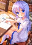  1girl blue_eyes blue_hair blue_neckwear blush book bookshelf brown_footwear chair chinomaron eyebrows_visible_through_hair gochuumon_wa_usagi_desu_ka? hair_between_eyes hair_ornament highres holding holding_pen kafuu_chino kafuu_chino&#039;s_school_uniform kneehighs long_hair looking_at_viewer necktie open_mouth pen pencil_case puffy_short_sleeves puffy_sleeves school_uniform shoes short_sleeves sitting skirt solo white_legwear white_skirt x_hair_ornament 