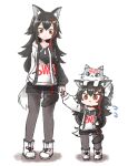  2girls :&lt; animal_ears animal_on_head black_hair black_shorts cat dual_persona hand_grab highres hololive legwear_under_shorts long_hair multicolored_hair multiple_girls on_head ookami_mio redhead short_shorts shorts streaked_hair sweater taiga_(ookami_mio) tail tail_around_leg tonton_(tonz159) two-tone_hair virtual_youtuber wolf_ears wolf_girl wolf_tail younger 