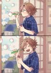  1boy braid brown_hair bubble bubble_blowing bubble_pipe child closed_eyes ensemble_stars! green_eyes highres mikejima_madara mitobinyo plaid plaid_shirt shirt short_hair smile solo younger 