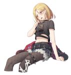  1girl black_survival blonde_hair breasts brown_eyes fishnet_legwear fishnets hart_floyd highres hop3 legwear_under_shorts medium_hair midriff navel piercing shirt shorts simple_background small_breasts solo t-shirt tagme white_background 