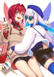  2girls :d ange_katrina arm_around_waist ass aya_shachou bag bag_charm black_shorts blue-tinted_eyewear blue_eyes blue_hair bubble_tea charm_(object) commentary_request cup disposable_cup drinking_straw fingernails footstool from_behind fur_jacket glasses grey_sweater hair_between_eyes hair_intakes hair_ornament hairclip height_difference highres holding holding_cup inui_toko jacket latex_skirt lize_helesta long_hair long_sleeves looking_at_viewer looking_back medium_hair micro_shorts miniskirt multicolored_hair multiple_girls nijisanji off-shoulder_sweater off_shoulder open_mouth parted_lips pink_eyes red_shirt redhead round_eyewear sebastian_piyodore shirt shorts shoulder_bag skirt smile streaked_hair sweater tinted_eyewear white_jacket 
