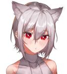  +_+ 1girl animal_ears bad_id bad_twitter_id bare_shoulders blush bob_cut copyright_request cozyu grey_hair hair_between_eyes highres looking_at_viewer parted_lips portrait red_eyes simple_background solo white_background 