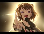  1girl :d aya_shachou backlighting bang_dream! black_shirt brown_hair holding_plectrum letterboxed long_sleeves looking_at_viewer medium_hair microphone microphone_stand open_mouth reaching_out shirt smile solo spotlight sweat toyama_kasumi violet_eyes 