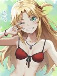 1girl bangs bare_shoulders bikini blonde_hair braid breasts collarbone fate_(series) french_braid green_eyes grin hair_ornament hair_scrunchie highres jewelry long_hair looking_at_viewer mordred_(fate) mordred_(swimsuit_rider)_(fate) necklace one_eye_closed one_side_up parted_bangs ponytail red_bikini scrunchie sidelocks small_breasts smile swimsuit tonee 