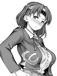 1girl aya_shachou blush breasts character_request closed_mouth greyscale hand_on_hip headband jacket kantai_collection large_breasts long_sleeves looking_at_viewer medium_hair monochrome open_clothes open_jacket simple_background solo tassel white_background 