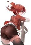  1girl absurdres ass boots breasts brown_footwear brown_shorts closed_mouth highres holding holding_sword holding_weapon honkai_(series) honkai_impact_3rd jacket liuli_yuanxiaoniao looking_at_viewer looking_back murata_himeko murata_himeko_(battle_storm) red_jacket redhead shorts sideboob simple_background sleeves_rolled_up solo sword thigh-highs thigh_boots weapon white_background yellow_eyes 