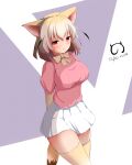  1girl :o absurdres animal_ears arms_behind_back blonde_hair blush bow bowtie breasts chinese_commentary commentary_request cowboy_shot eyebrows_visible_through_hair fennec_(kemono_friends) highres kemono_friends large_breasts looking_at_viewer parted_lips pink_shirt pleated_skirt red_eyes shirt short_hair skirt solo tail thigh-highs thighs trecen white_skirt yellow_legwear yellow_neckwear 