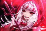  1girl air_bubble animal_hood bubble dark_persona gawr_gura haraya_manawari hololive hololive_english hood open_mouth polearm portrait red_eyes red_theme redhead reflect_(gawr_gura) shark_hood sharp_teeth smile solo teeth trident underwater weapon white_hair 