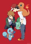  2boys absurdres alternate_costume bangs baseball_cap black_pants blue_oak brown_eyes brown_hair bulbasaur charmander closed_mouth commentary_request green_jacket hand_in_pocket hat highres jacket male_focus multiple_boys open_clothes open_jacket pants pokemon pokemon_(creature) pokemon_(game) pokemon_frlg red_(pokemon) red_background red_headwear shirt shoes short_hair short_sleeves simple_background sneakers spiky_hair squatting squirtle standing white_shirt xia_(ryugo) 