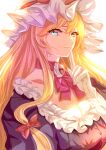  1girl bangs blonde_hair blue_eyes bow bowtie breasts closed_mouth dress elbow_gloves eyebrows_visible_through_hair gem gloves hair_between_eyes hair_bow hand_up hat hat_bow heterochromia jan_(lightdragoon) jewelry light long_hair looking_at_viewer medium_breasts mob_cap pink_bow pink_neckwear pointing puffy_short_sleeves puffy_sleeves purple_dress red_bow shadow short_sleeves simple_background smile solo touhou upper_body white_background white_gloves white_headwear yakumo_yukari yellow_eyes 