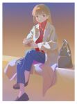  1girl bangs black_footwear blue_pants brown_hair coat expressionless full_body highres long_sleeves looking_at_viewer medium_hair original pants red_eyes red_shirt shirt shoes shunken_he sitting solo turtleneck white_coat 