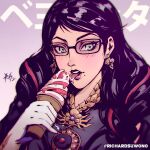  1girl artist_name bayonetta bayonetta_(series) bayonetta_3 black_hair braid earrings eyeshadow food glasses gloves ice_cream ice_cream_cone jewelry licking looking_at_viewer makeup mole mole_under_mouth open_mouth phallic_symbol richard_suwono solo tongue tongue_out twin_braids 