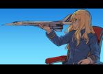  1girl absurdres aircraft airplane blonde_hair chair concorde eyebrows_visible_through_hair eyes flying glasses highres long_hair perrine_h._clostermann pondo_(peng-model) profile sky solo strike_witches uniform world_witches_series yellow 