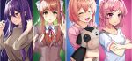  4girls bangs blazer blue_eyes bow breasts brown_hair brown_jacket crossed_arms crying crying_with_eyes_open doki_doki_literature_club green_eyes hair_ornament hairclip highres jacket kamisatoyuu long_hair medium_breasts monika_(doki_doki_literature_club) multiple_girls natsuki_(doki_doki_literature_club) pink_eyes pink_hair ponytail purple_hair sayori_(doki_doki_literature_club) school_uniform shirt short_hair smile stuffed_cow tears very_long_hair violet_eyes white_bow white_shirt yuri_(doki_doki_literature_club) 