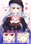  1girl arknights bangs blush closed_eyes eyebrows_visible_through_hair hat heart long_hair long_sleeves mochitsu_jou official_alternate_costume parted_lips red_eyes rosary solo specter_(arknights) specter_(undercurrent)_(arknights) white_hair 