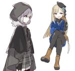  2girls absurdres black_gloves black_legwear blonde_hair closed_mouth fate_(series) fur_trim gloves gray_(fate) grey_hair highres hood kanyoko_(yuzukano_17) long_hair lord_el-melloi_ii_case_files multiple_girls open_mouth pantyhose reines_el-melloi_archisorte simple_background skirt smile thigh-highs white_background 