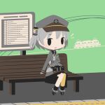  1girl bench black_skirt blush chibi cobalta grey_hair ground_vehicle hat looking_at_viewer open_mouth pleated_skirt rail_romanesque short_hair sitting skirt smile solo train 