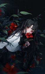  1girl bangs black_bow black_hair black_neckwear black_skirt bow bowtie breasts covered_mouth covering_mouth eyebrows_visible_through_hair flower from_side highres holding holding_flower leaning_forward long_hair long_sleeves looking_at_viewer original parted_bangs plant pleated_skirt red_eyes red_flower short_sleeves skirt solo ttosom 